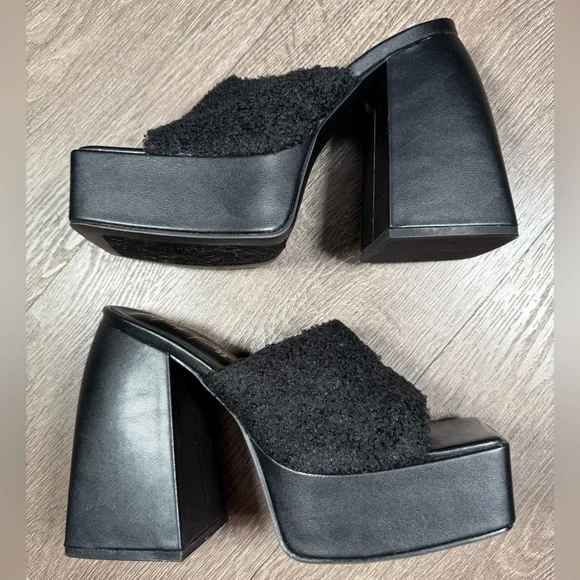 Black Platform Faux Fur Mule Slide Heels - Picture 5 of 8